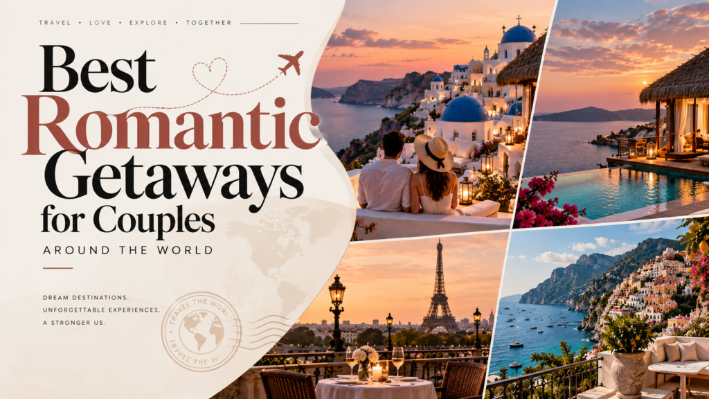Best romantic getaways for couples around the world featuring Santorini, Paris, tropical overwater villas, and Italy’s Amalfi Coast in a professional travel editorial design.