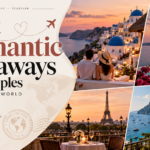 Best romantic getaways for couples around the world featuring Santorini, Paris, tropical overwater villas, and Italy’s Amalfi Coast in a professional travel editorial design.